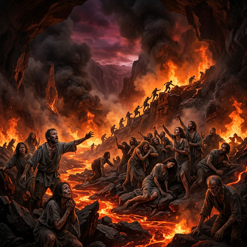 Group of people fleeing a volcanic eruption amid lava and smoke