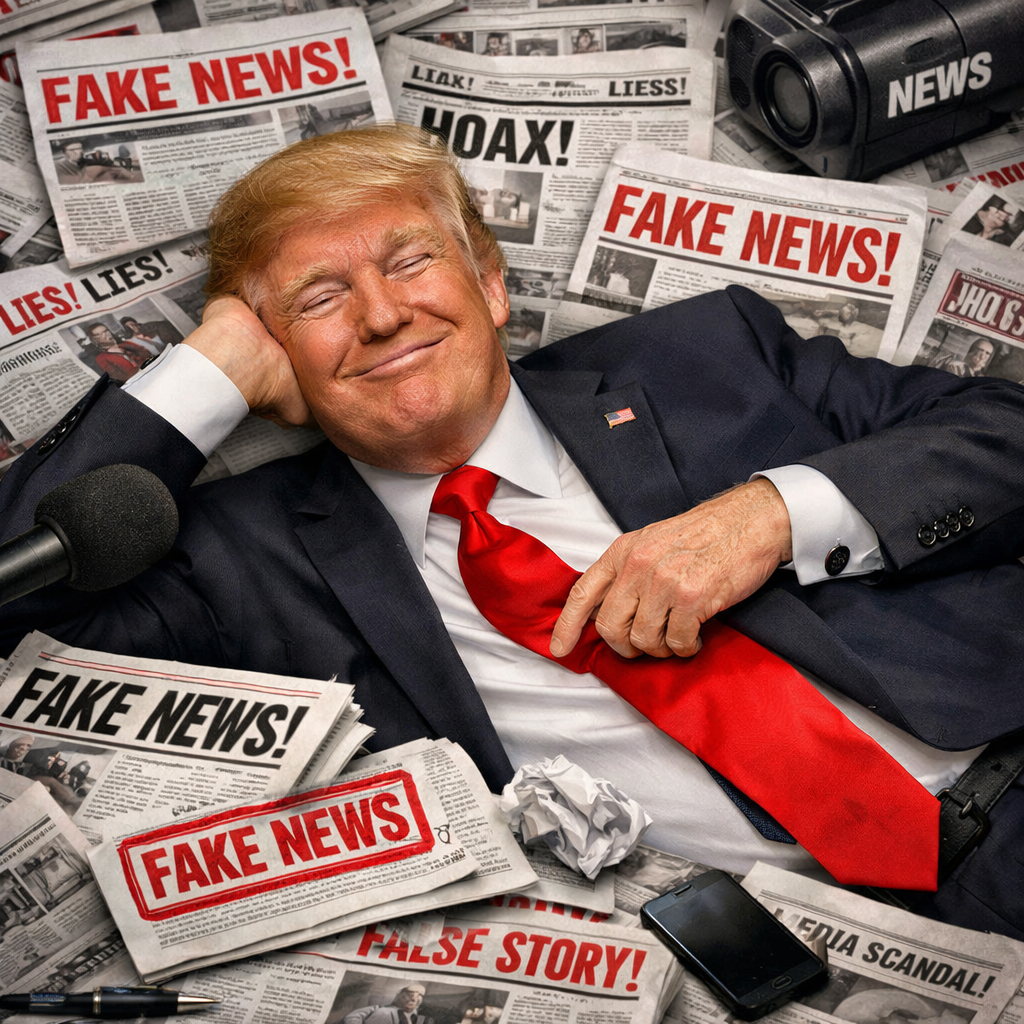 Donald Trump lying among newspapers with headlines stating 'Fake News', 'Hoax', 'Lies', and 'False Story'.