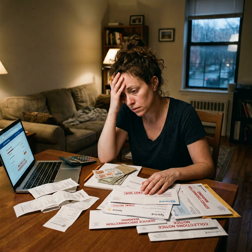 Woman overwhelmed by bills and receipts while working at a laptop