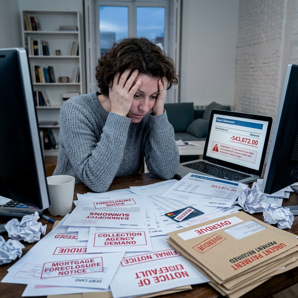 Worried person viewing negative bank balance and overdue bills